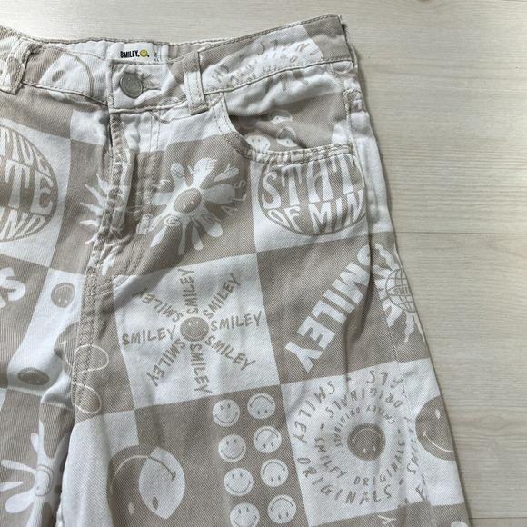 Smiley X H&M Denim Pants Women Size 2 High Rise Wide Leg Beige All Over Print - Picture 6 of 14